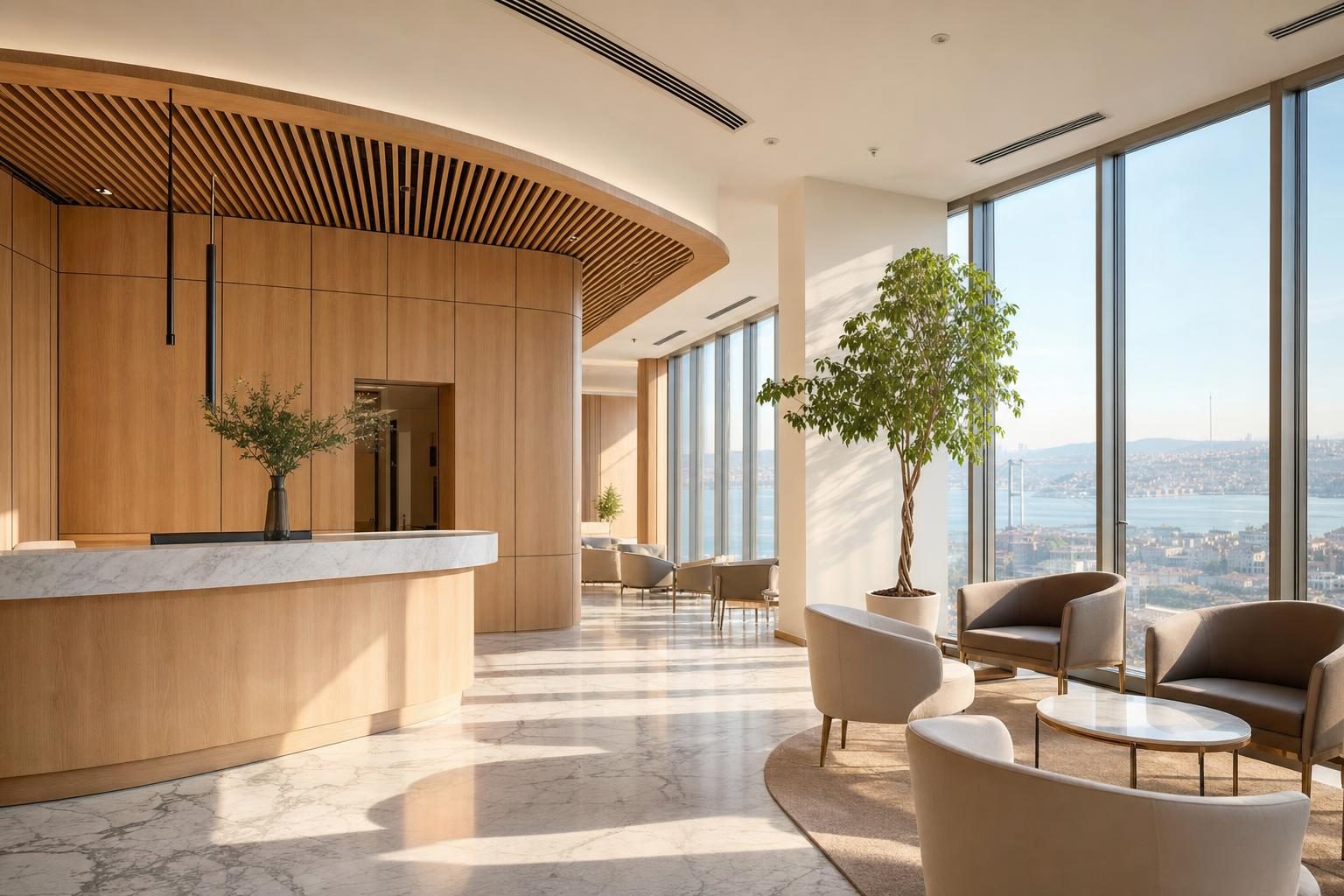 Hall d’une clinique privée moderne à Istanbul avec vue sur le Bosphore