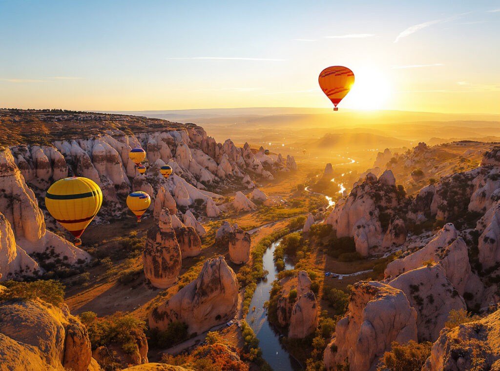 KAMPA Tours & Events - Aerial view of Göreme and its unique rock formations during a balloon flight