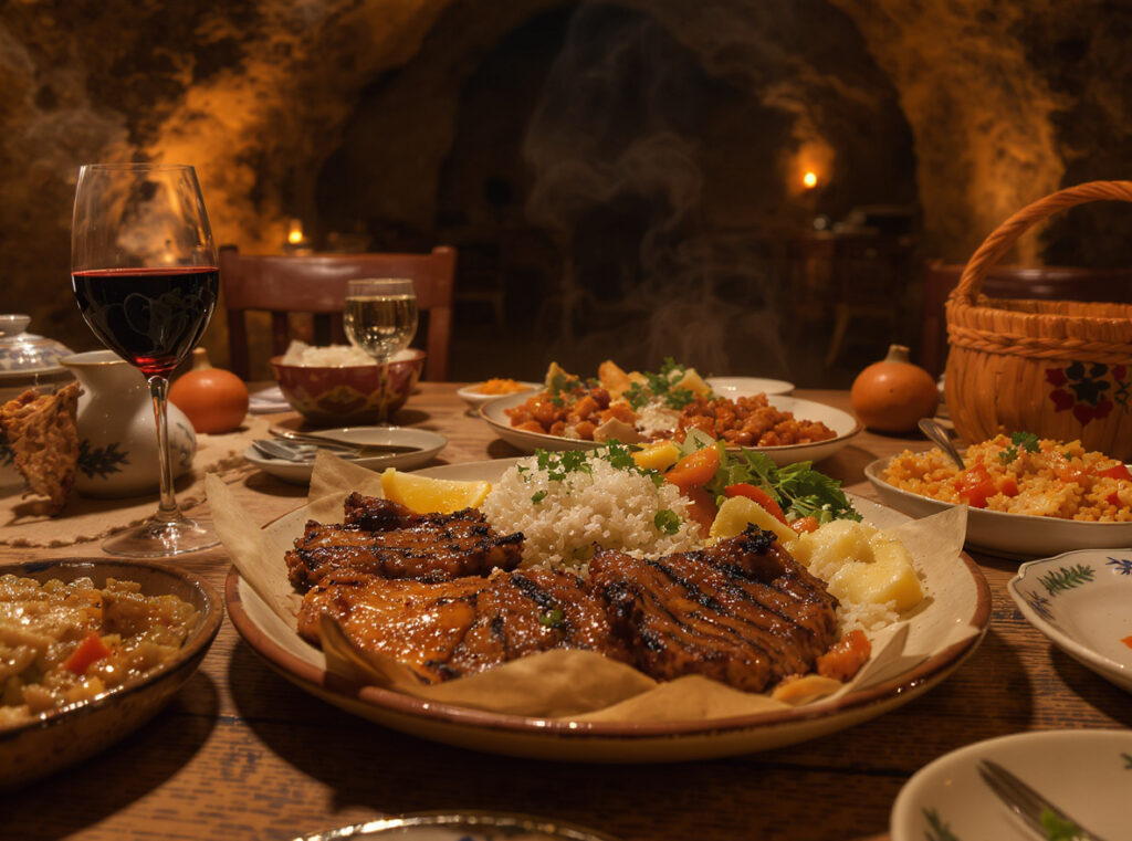 KAMPA Tours & Events - Traditional Turkish dinner with local dishes served in handmade ceramics inside a cave restaurant.