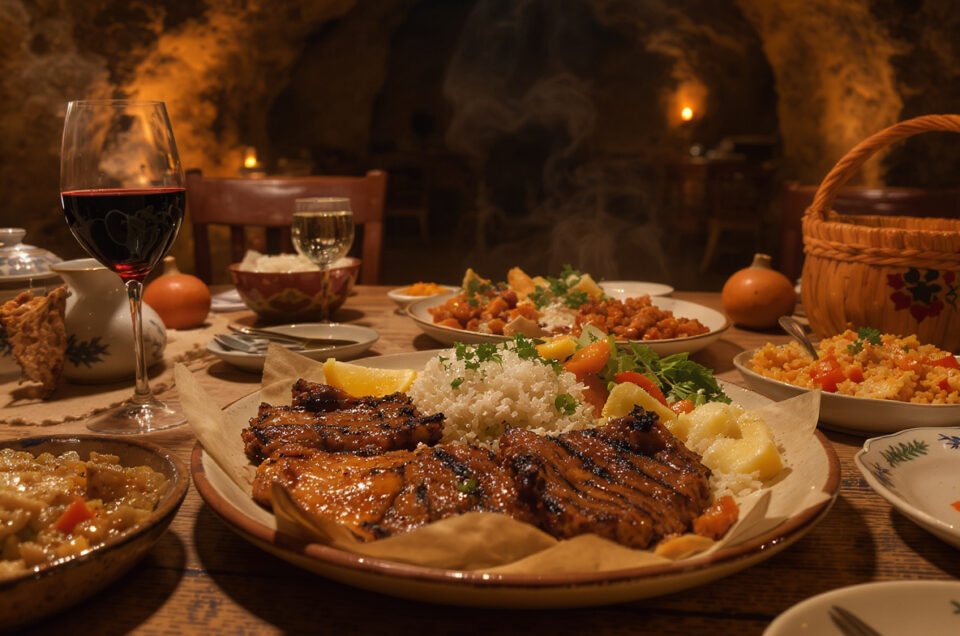 KAMPA Tours & Events - Traditional Turkish dinner with local dishes served in handmade ceramics inside a cave restaurant.