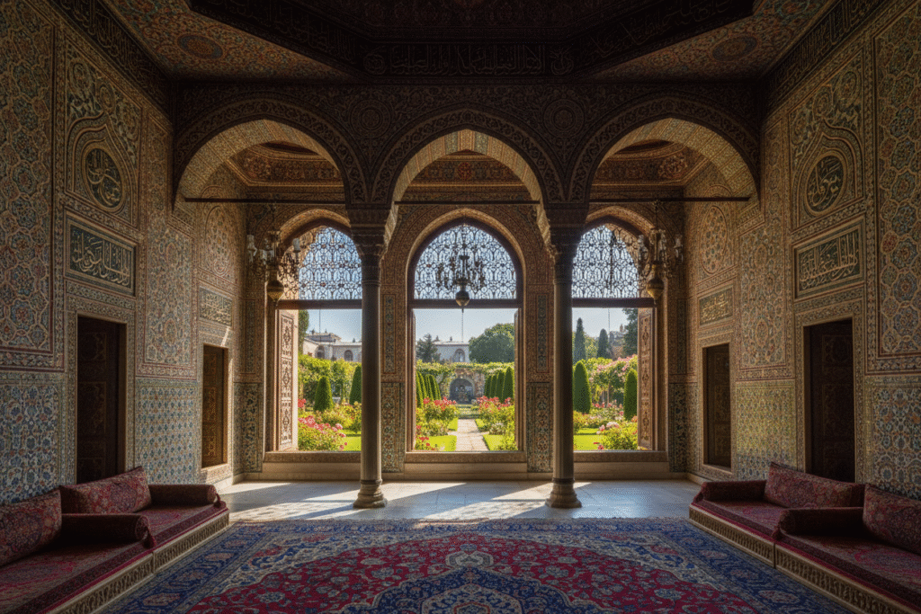 KAMPA Tours & Events - Interior of Topkapi Palace with ornate Ottoman architecture and lush royal gardens.