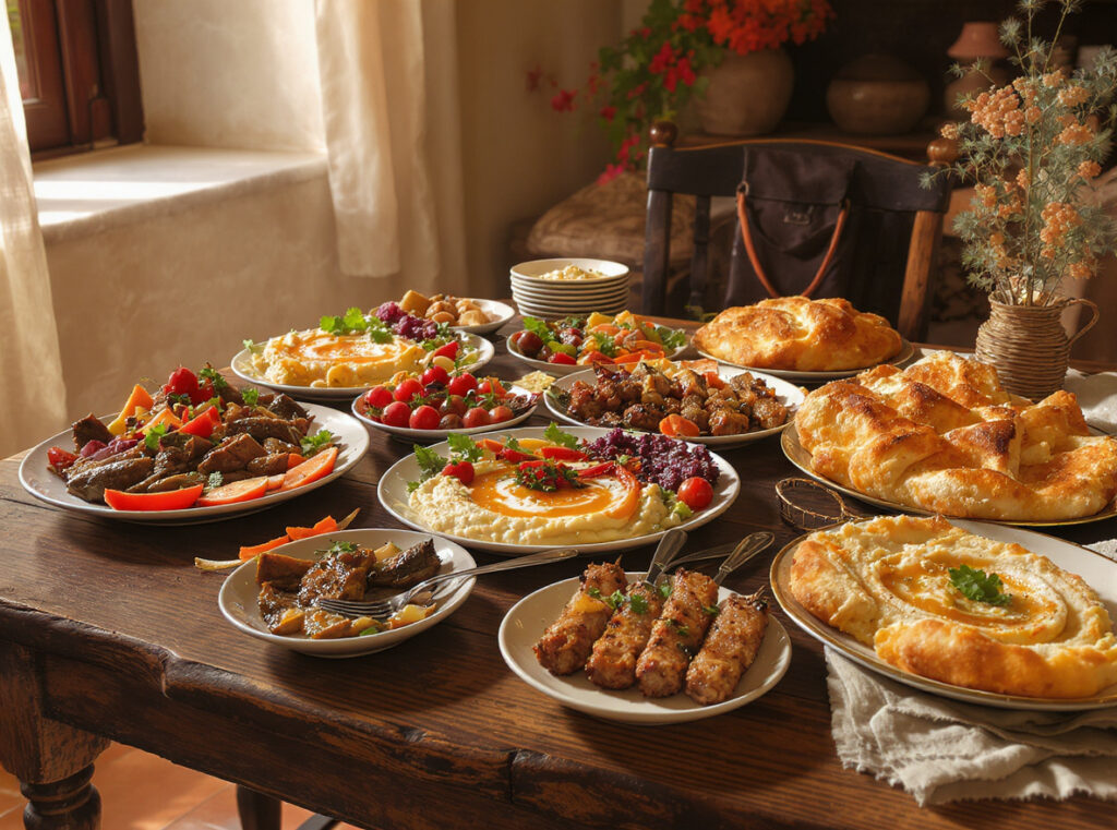 KAMPA Tours & Events - A table served with traditional Turkish dishes — meze, kebab, and freshly baked bread.