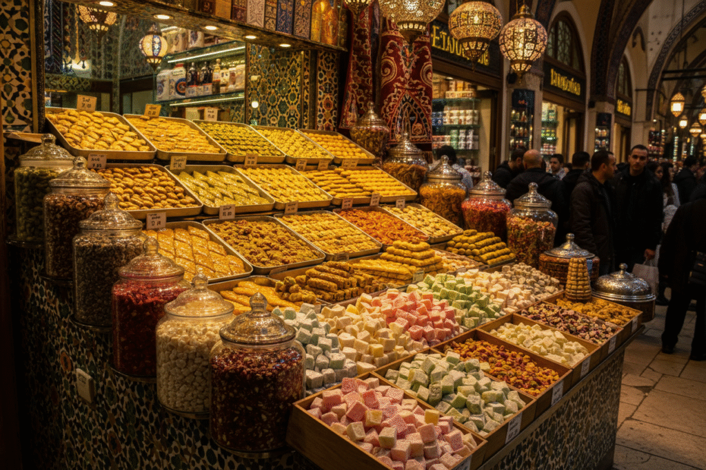 KAMPA Tours & Events -Turkish sweets stall inside the Grand Bazaar displaying colorful trays of baklava and lokum.