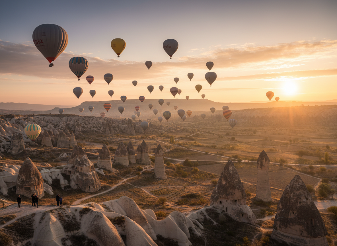 Hot air balloons flying over Cappadocia at sunrise
