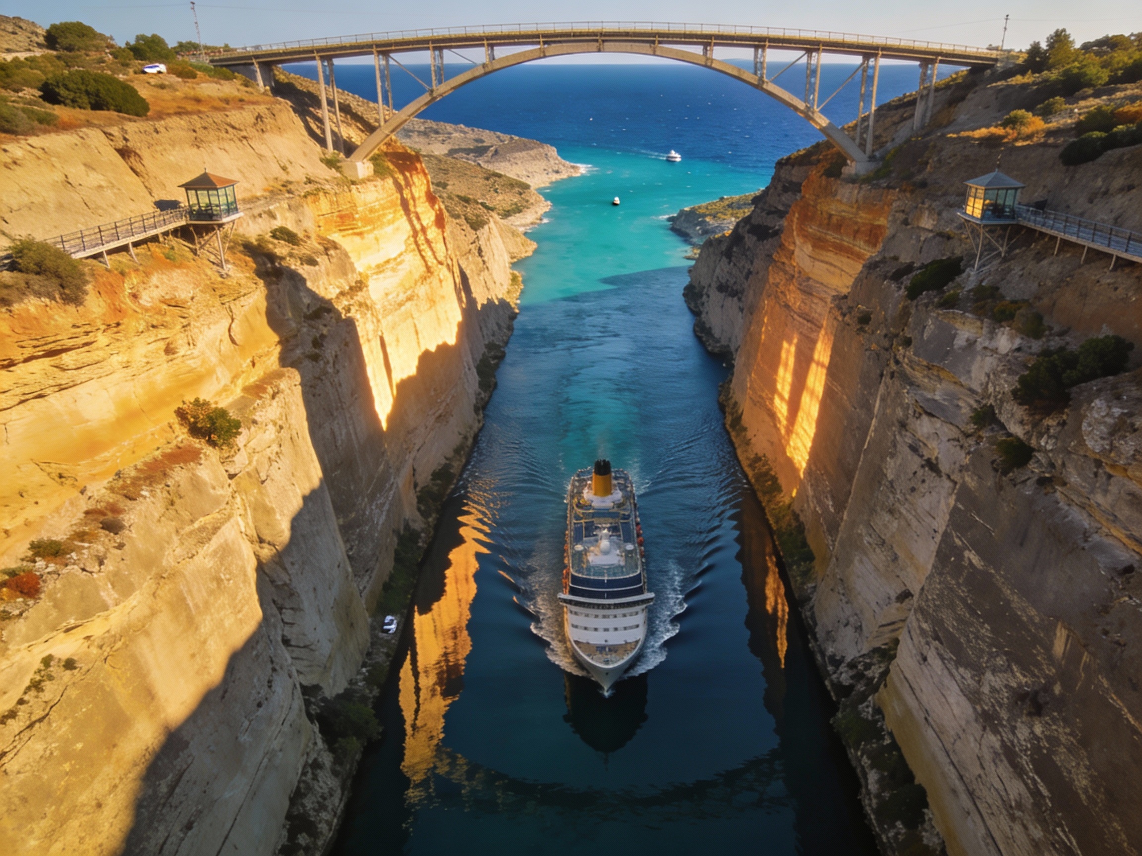 The Corinth Canal viewed from above with bridge crossing